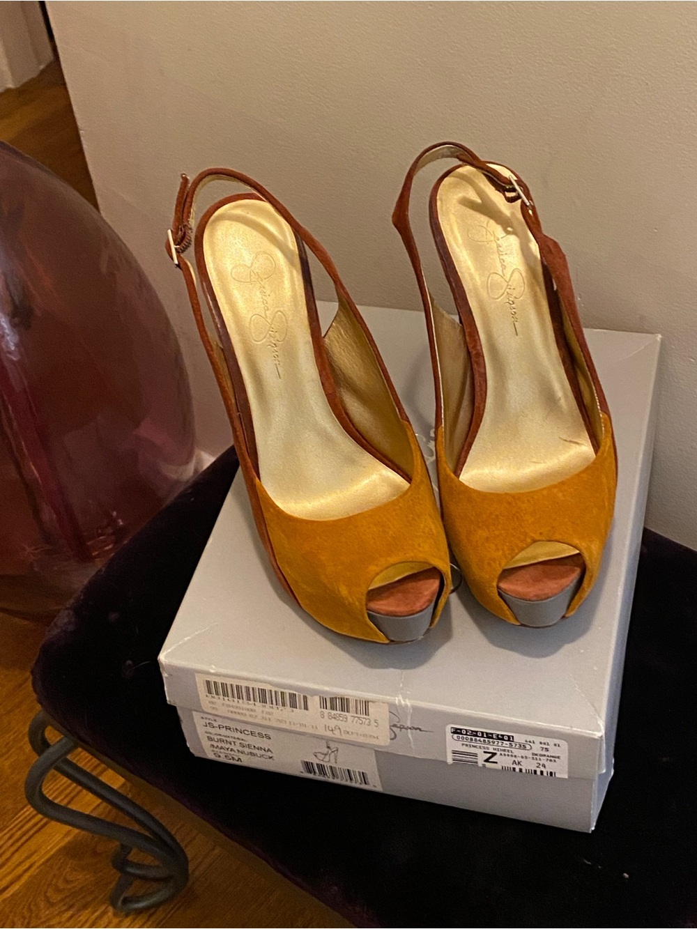 Jessica Simpson Mustard Yellow Suede Slingback Peep-Toe Heels